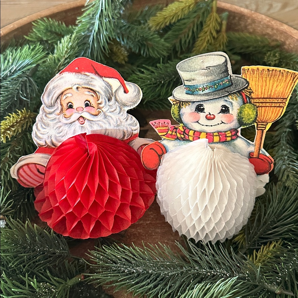 Vintage 1980 Beistle Santa and Snowman Holiday Honeycomb Decorations